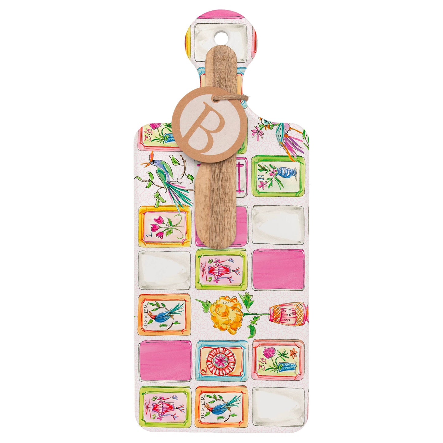 Mahjong Pink Cuterie Cheese Board & Wood Spreader Set