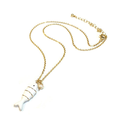 Color Enamel Boho Dainty Fish Pendant Necklace for Women: White
