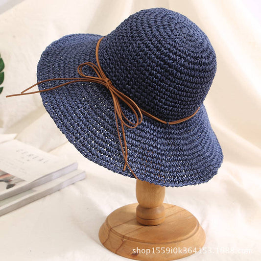 Casual Wide Brim Foldable Beach Straw Hat: Navy blue