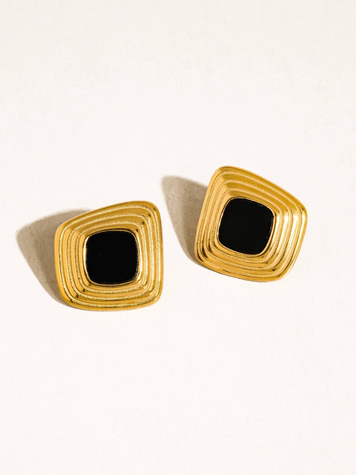 Solenne 18K Gold Non-Tarnish Enamel Square Earrings: Black