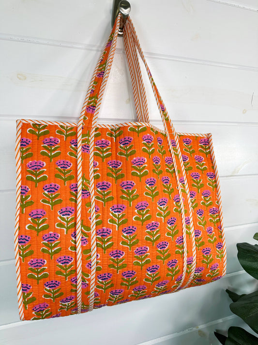 Quilted Tote Bag | Orange Floral Bag | Large Shopping Tote