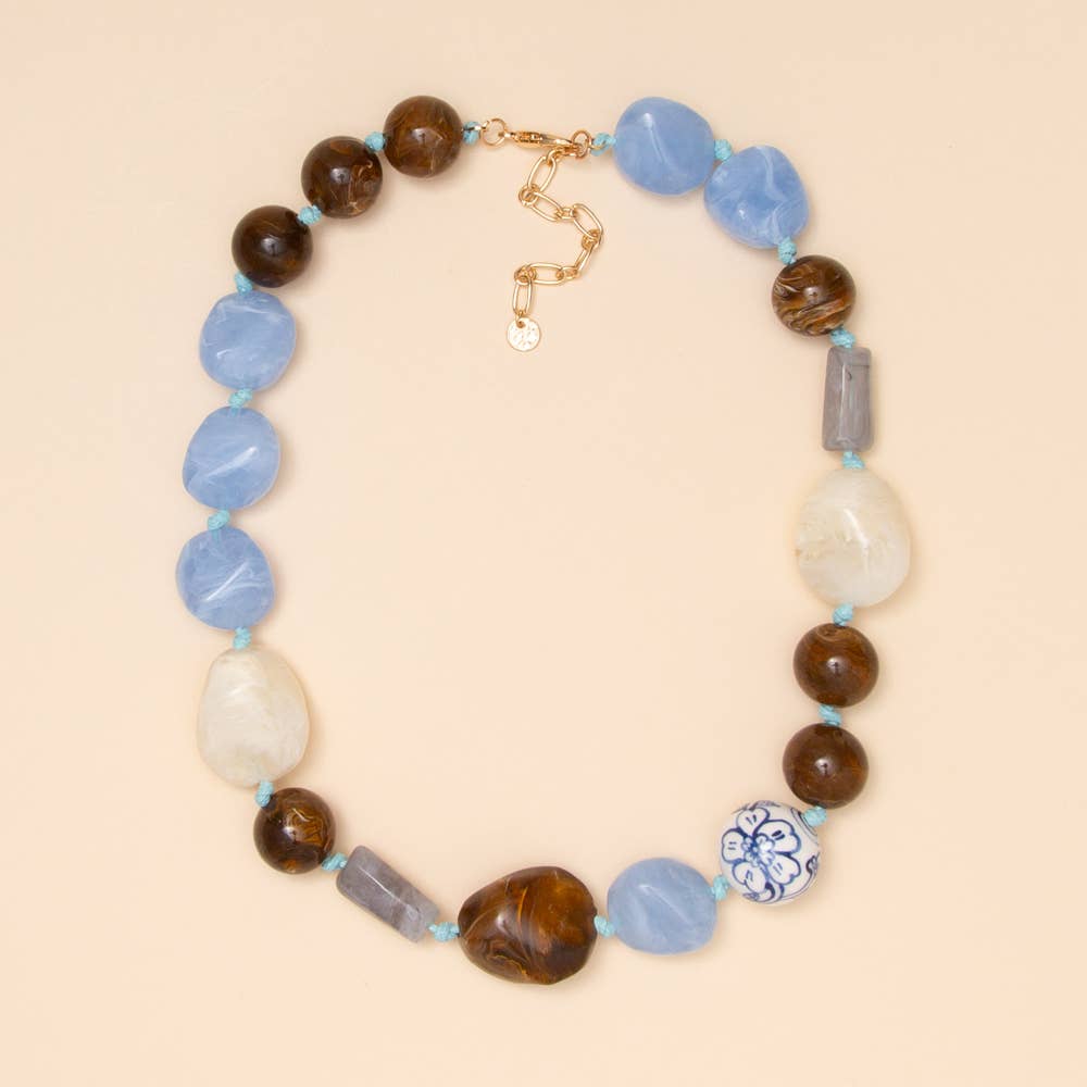 Beaded Multi Color Stone Necklace: Blue