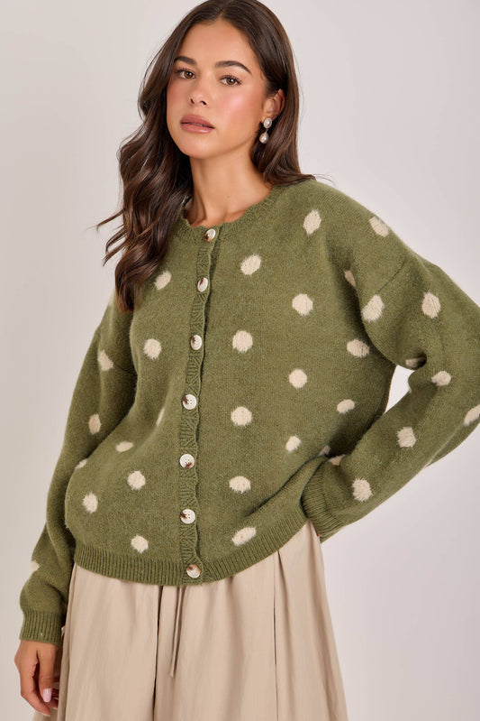 Soft Touch Polka Dot Button Down SweaterCardigan: Olive/Oatmeal