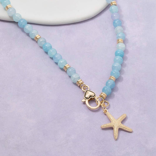 Starfish Charm And Heart Clasp Glass Beaded Necklace: GBL