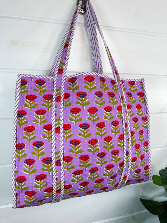 Quilted Tote Bag | Purple Floral Bag | Large Shopping Tote
