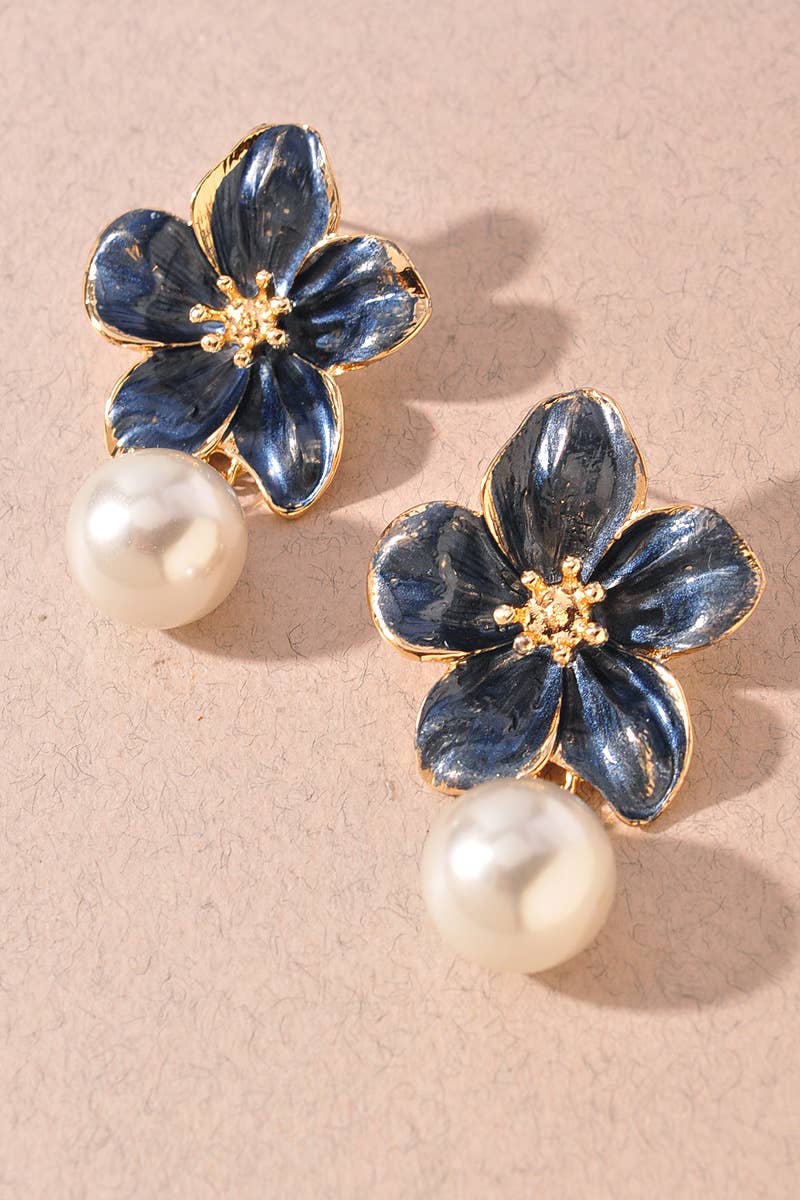 Enamel Flower Pearl Accent Statement Earrings: Navy