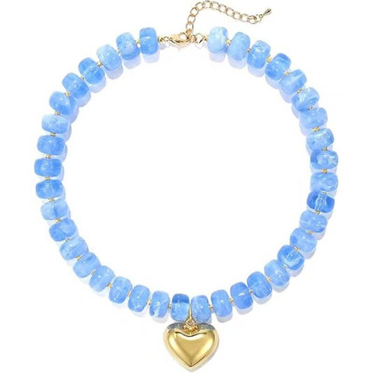 Colorful Resin Bead Necklace with Gold Heart-Shaped Pendant: Color_02 / M
