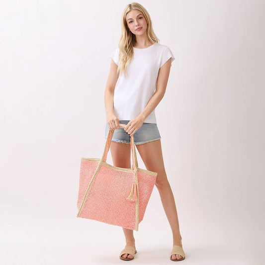 Tassel Accent Two Tone Woven Straw Tote Bag: Pink