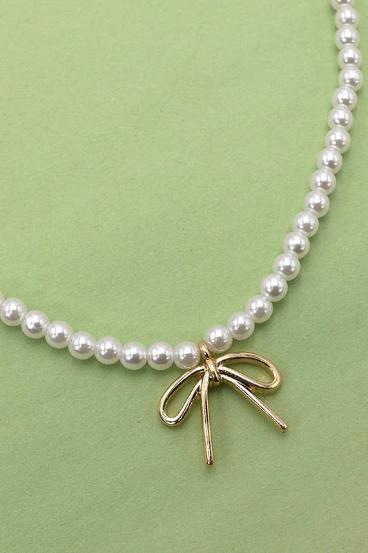 Pearl Chain Bow Charm Necklace: Gold