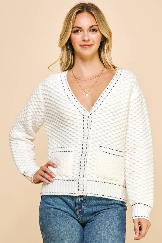 Contrast Stitch Detail Sweater Cardigan -Off White