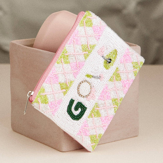 Beaded Golf Themed Zip Pouch – Handcrafted Argyle Pattern Clutch: Pink / One /