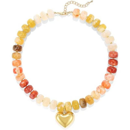 Colorful Resin Bead Necklace with Gold Heart-Shaped Pendant: Color_03 / M