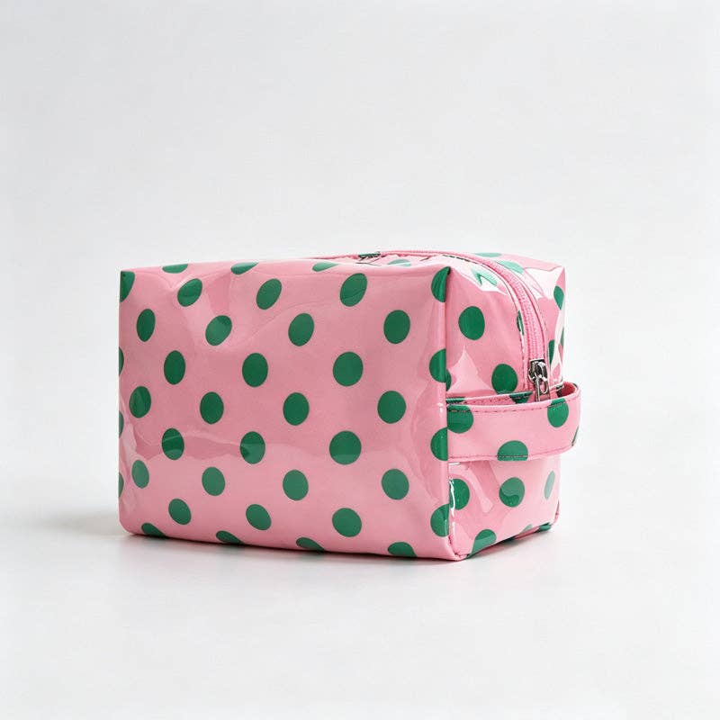 Polka Dots PVC Zipper Cosmetic Pouch: Pink Green / F