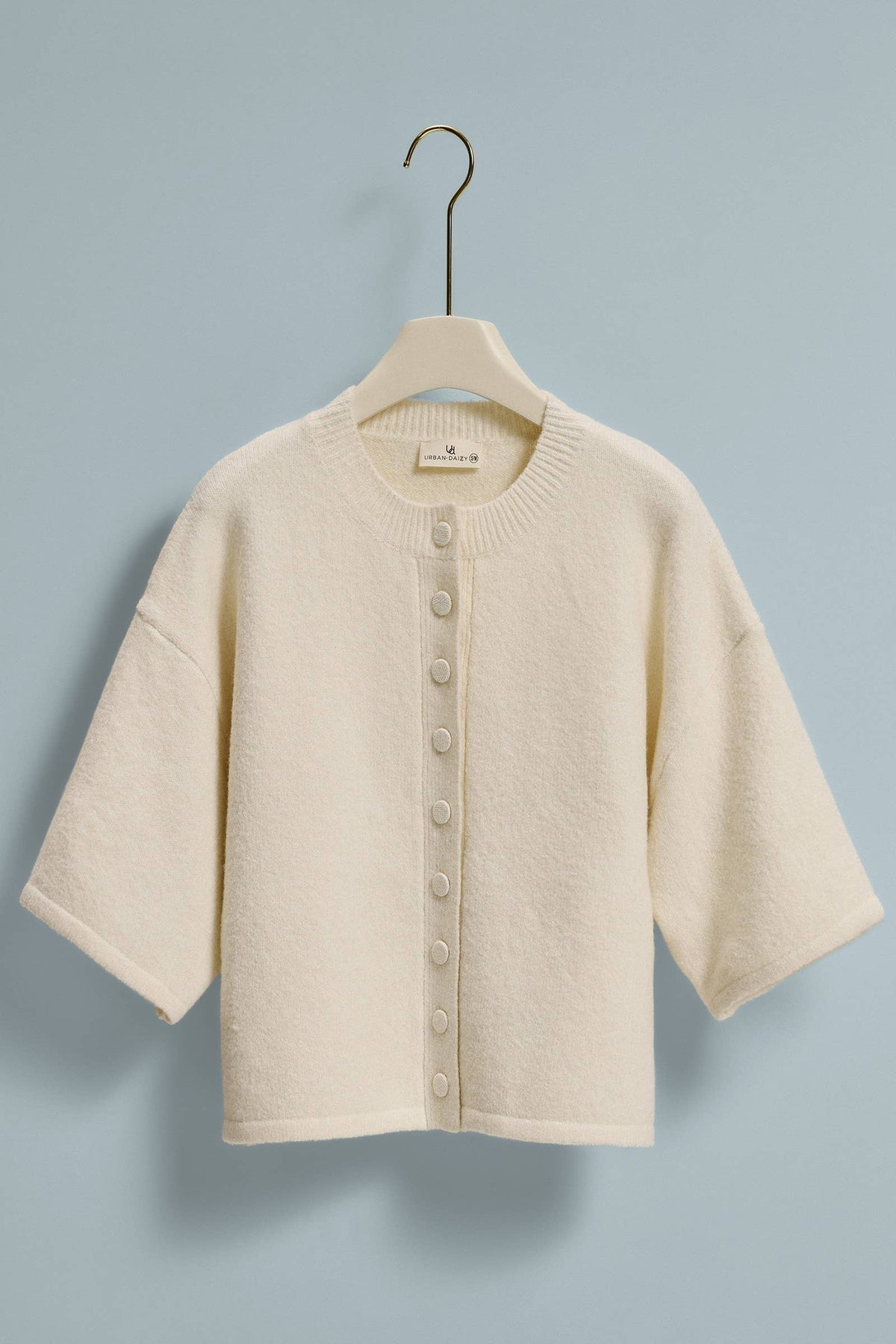 Cropped Knit Button-Front Cardigan Dropped Shoulder: Ivory