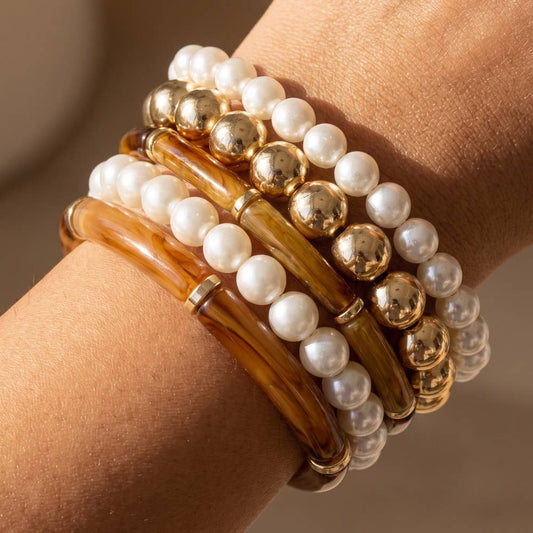 Pearl And Bamboo Bead Stretch Bracelet Set: BRN