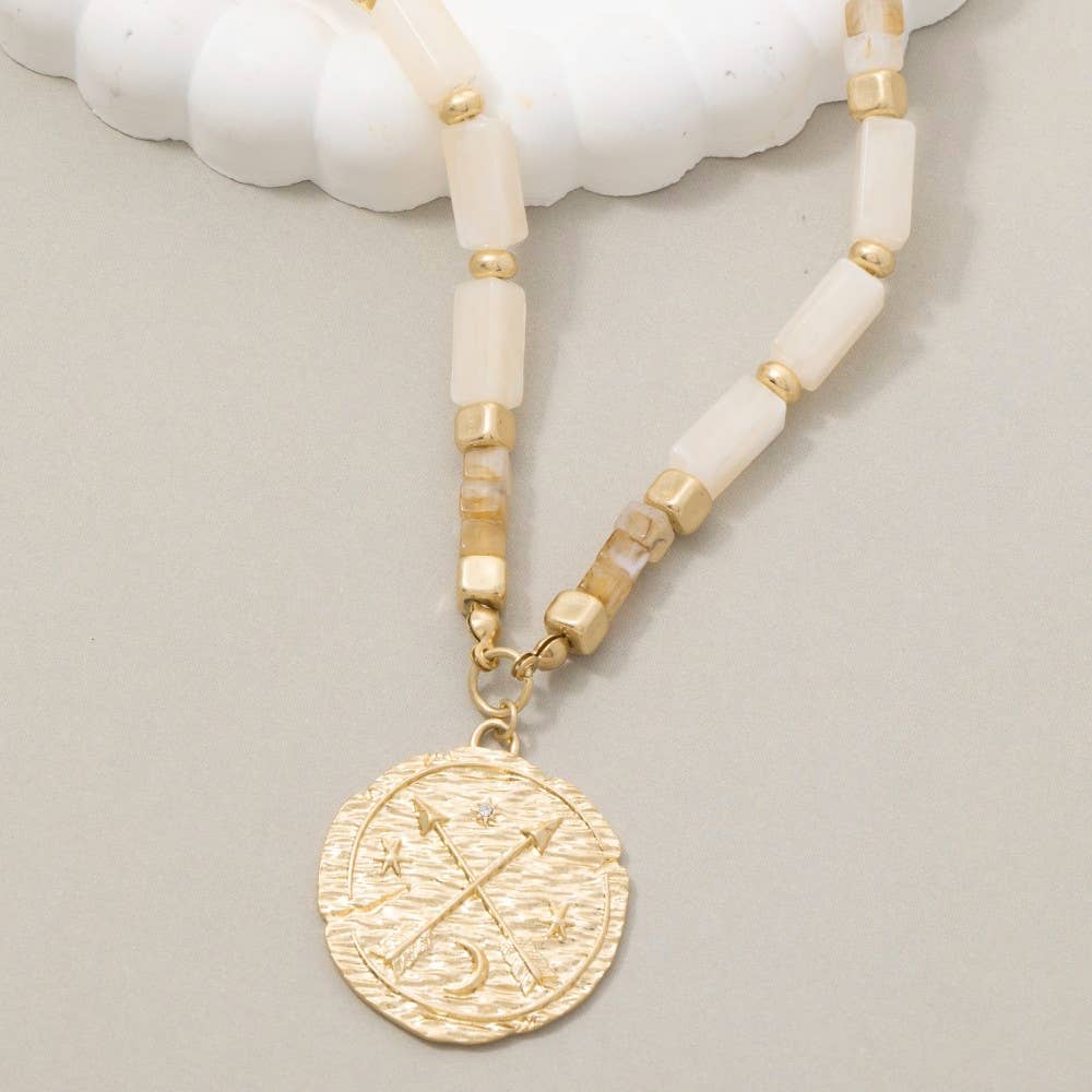 Arrow Coin Pendant Rectangle Beaded Necklace: WGIV