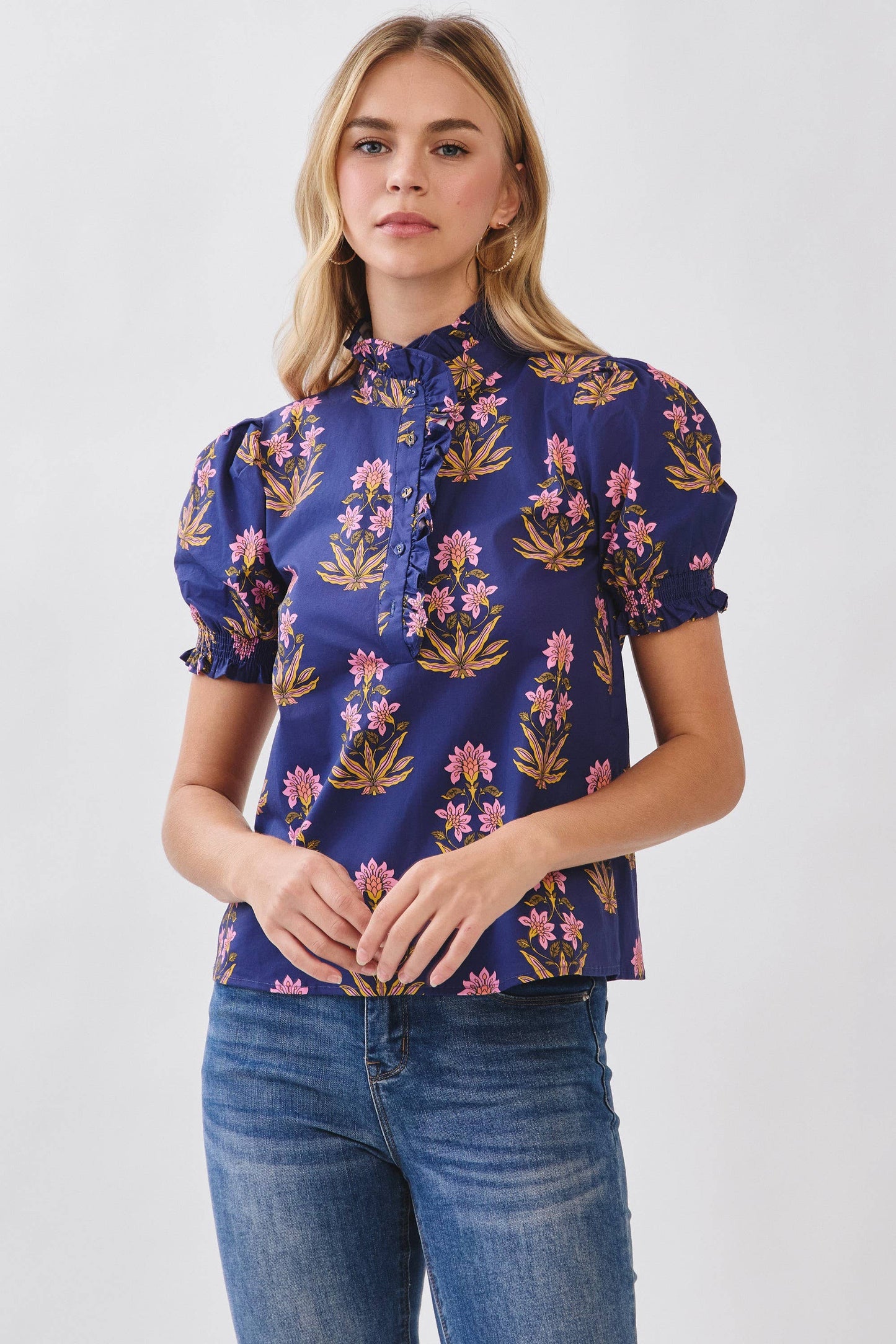 Floral Print Ruffled Mock Neck Blouse