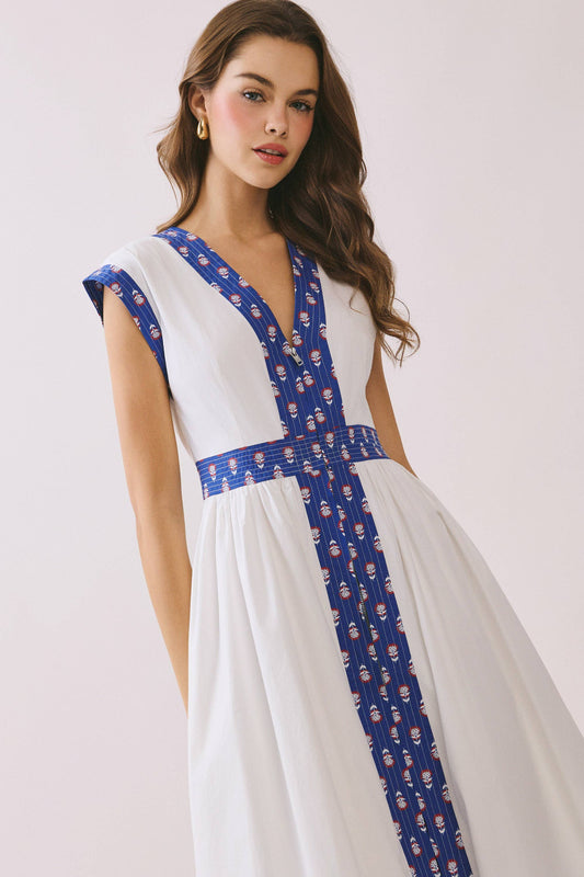 Contrast Printed Trim Detail V Neck Midi Dress