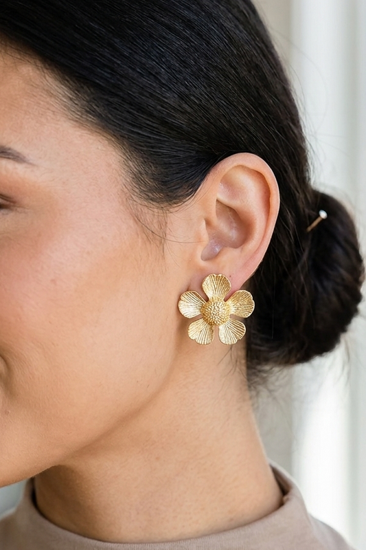 Flower Textured Metal Stud Earrings - Gold