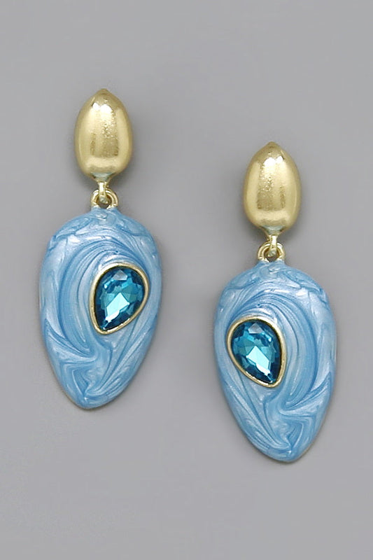 Teardrop Crystal Accent Marbled Enamel Drop Earrings - Blue