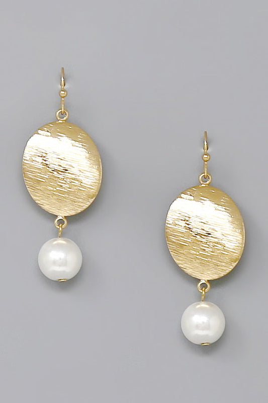 Textured Oval Disc Pearl Drop Earrings