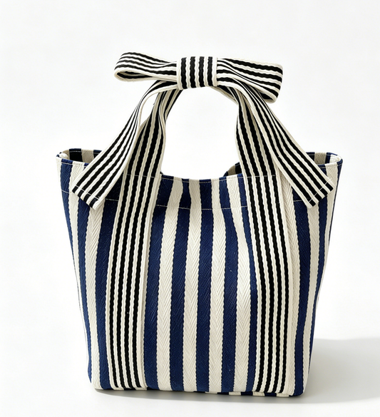 Mini Striped Tote Bag Beach Bow Handle Bag: NavyBlue / M
