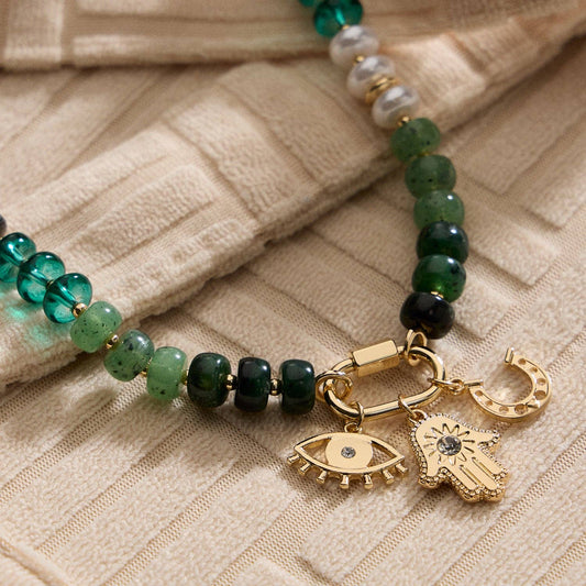 Textured Glass Bead Necklace with Charm Trio Olive