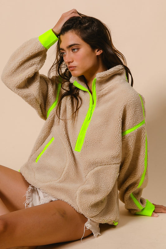 Contrast Edge Half Zip Up Sherpa Jacket in Oatmeal/Neon Green