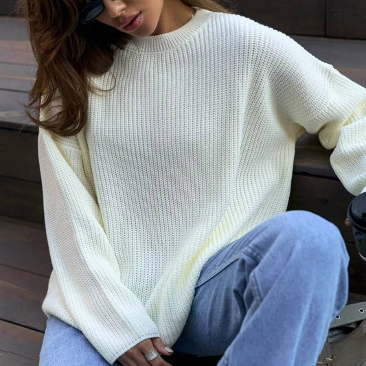 Trendy Crewneck Loose Knit Sweater: White