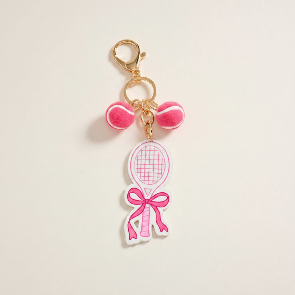 6.5 In Leather Tennis Racket Bow 3D Ball Keychain Bag Charm: Pink