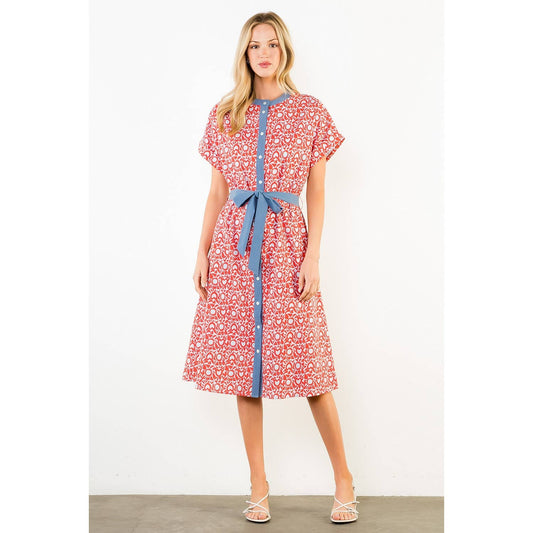 Short Sleeve Pattern Detail Dress: RED