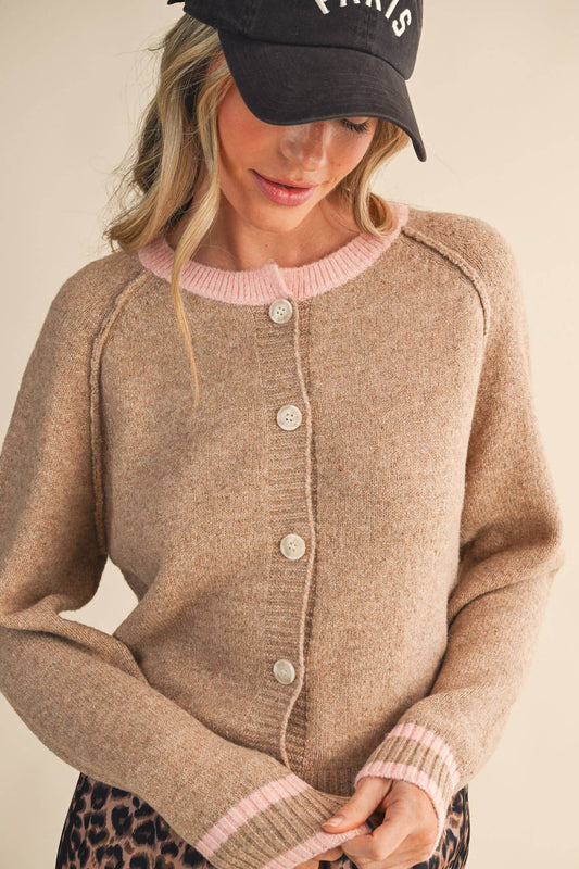 Two Tone Sweater Cardigan: Beige Pink