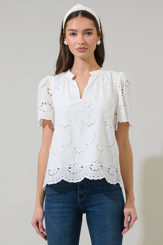 Shirin Eyelet Split Neck Top