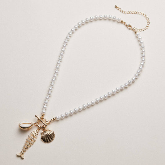 Pearl Charm Necklace — Shell & Fish Pendant: GD / ONE