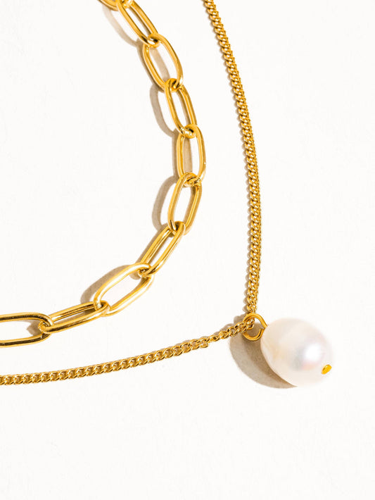 Percy 18K Gold Non-Tarnish Layered Chain Pearl Necklace: Yellow Gold