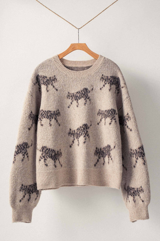 Playful Leopard Knit Crewneck Sweater: Mocha