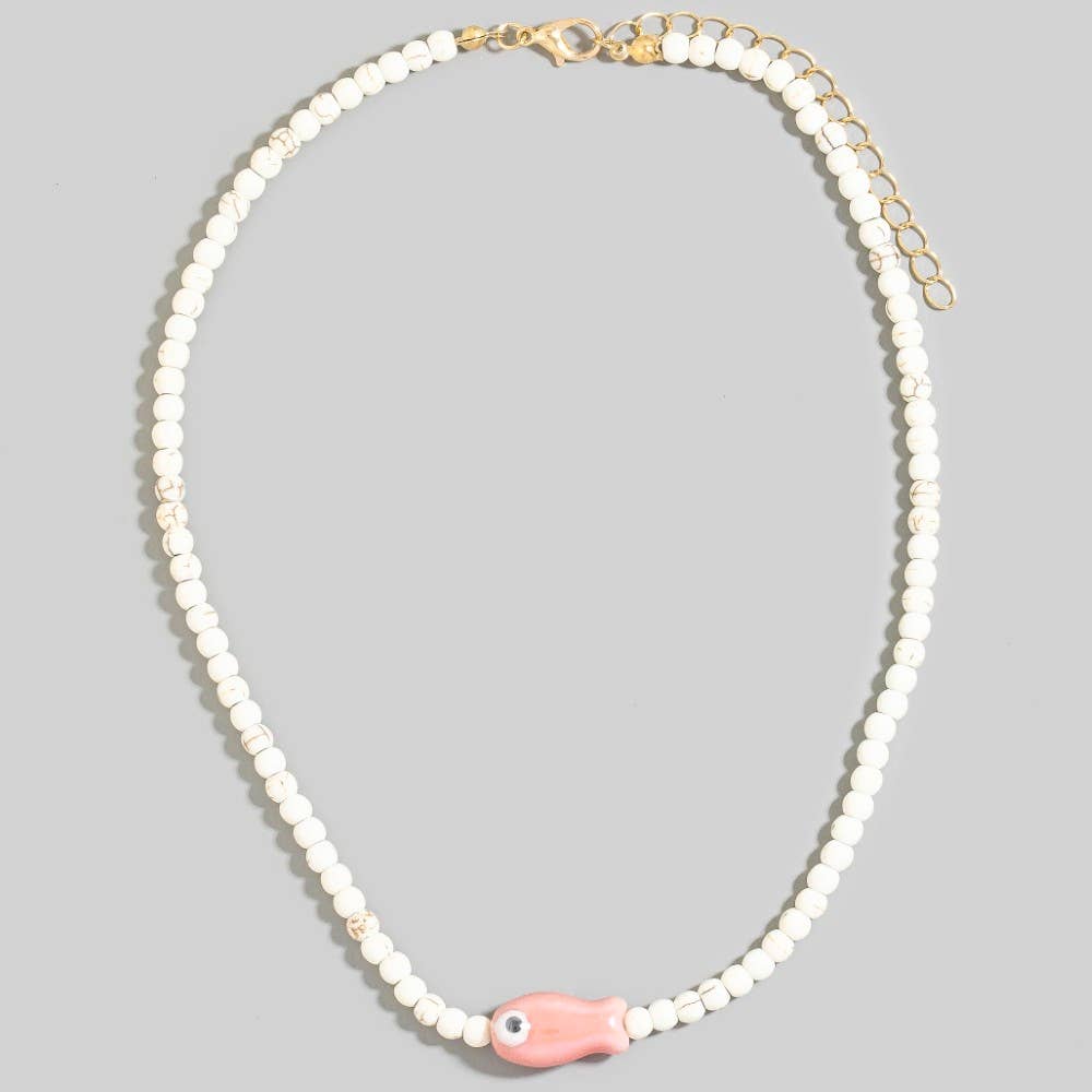 Ceramic Fish Pendant Ball Beaded Necklace Yellow
