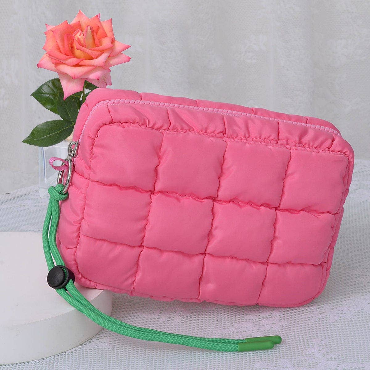Nylon Quilted Puffer Clutch/Pouch: Bubblegum