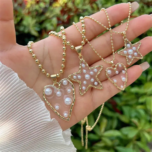 Beaded Necklace with Heart or Star Pendant with Pearls: Small Heart