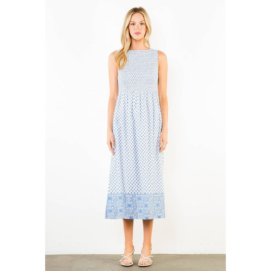 Sleeveless Floral Pattern MIDI Dress in Blue