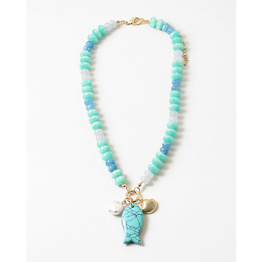 LIGHT BLUE/ TURQUOISE FISH CHARM NECKLACE