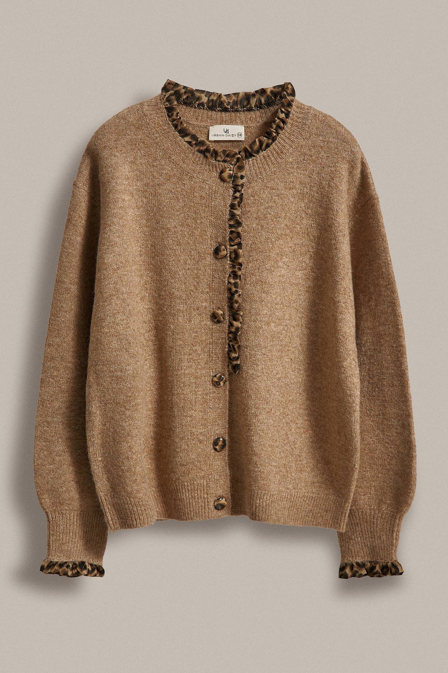 Leopard Ruffle Trim Knit Cardigan: Camel
