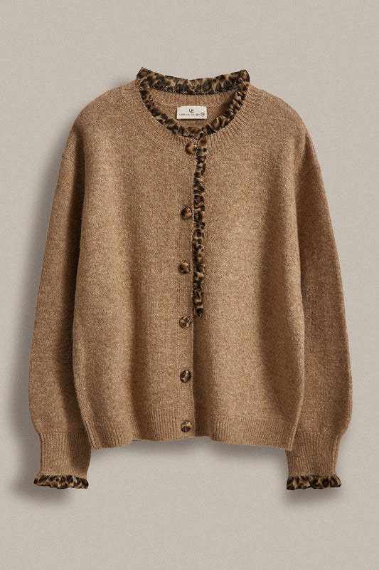 Leopard Ruffle Trim Knit Cardigan: Camel