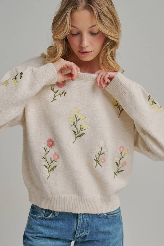 Scattered Floral Embroidered Sweater Top: Cream