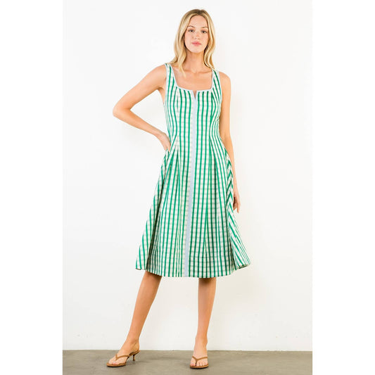 Thin Strap Gingham Pattern Dress in Green
