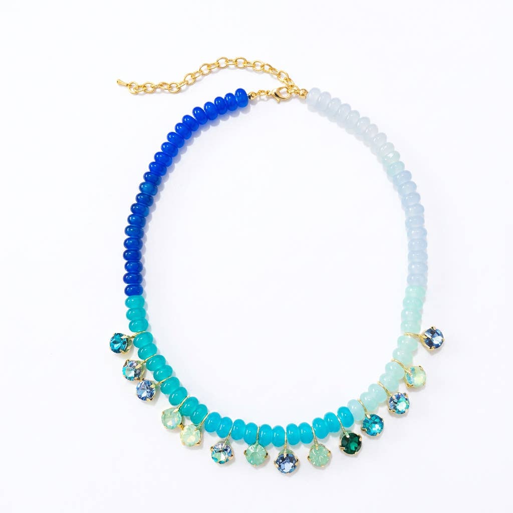 Boho Rondelle Beaded Rhinestone Choker Necklace: Blue / M