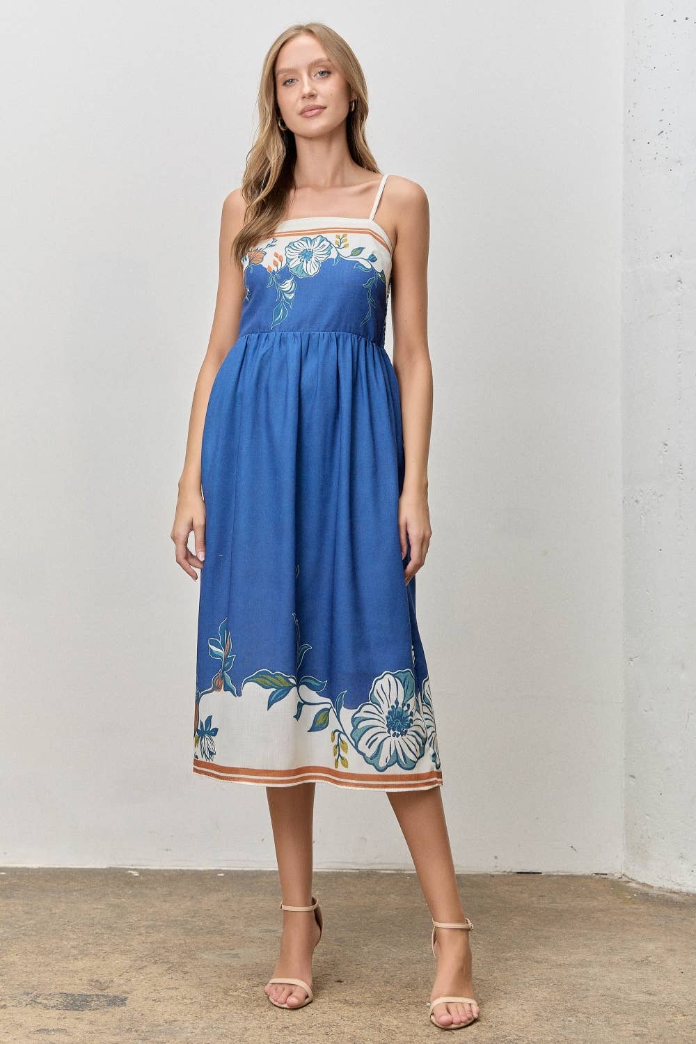 FLORAL BORDER PRINT SPAGHETTI STRAP MIDI DRESS: BLUE MULTI
