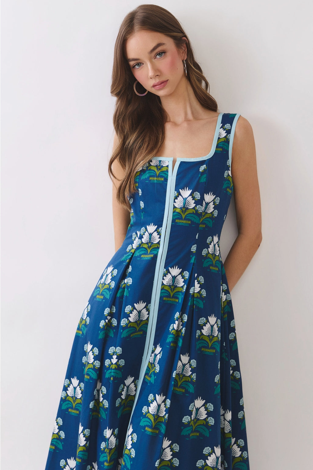 Floral Border Trim Square Neck Midi Dress in Navy