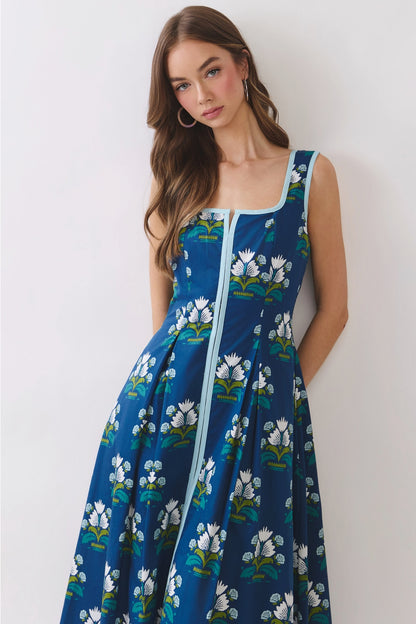 Floral Border Trim Square Neck Midi Dress in Navy