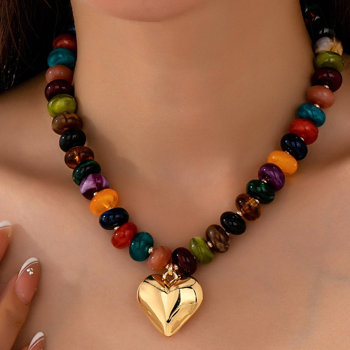 Multicolor Rondelle Bead Heart Pendant Necklace | Multi